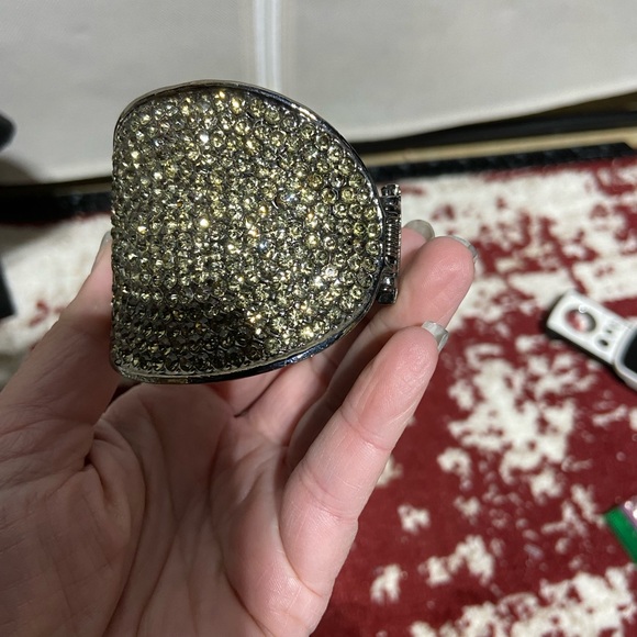 Black Metal and Large Rhinestone Statement Hinged Cuff Bangle - Picture 3 of 6